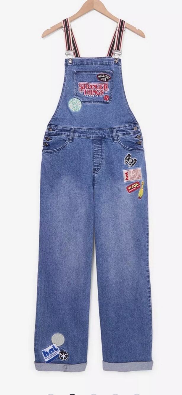 Stranger Things BoxLunch Overalls Womens L Denim Embroidered Wide Leg Hellfire